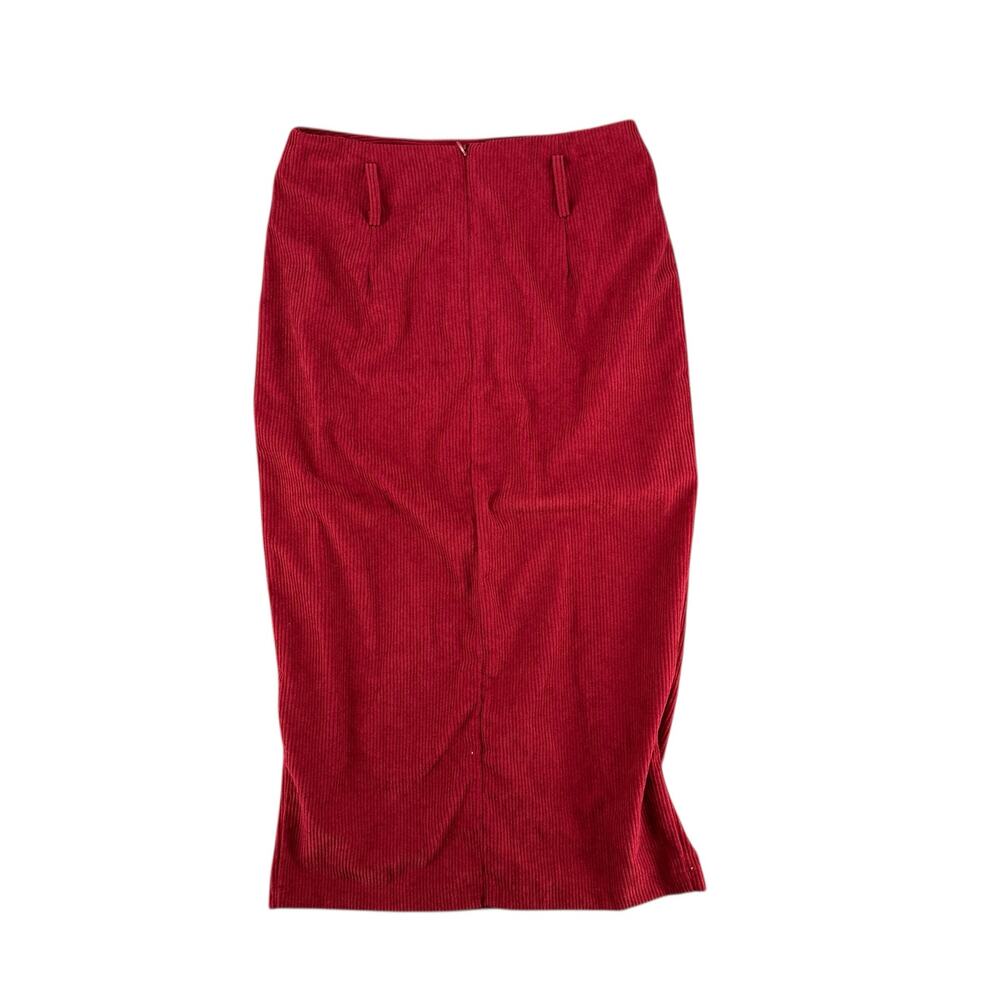 Rihoas Maroon Corduroy Midi Skirt Slit High Waist Small NWT Minimalist Casual - Picture 4 of 10